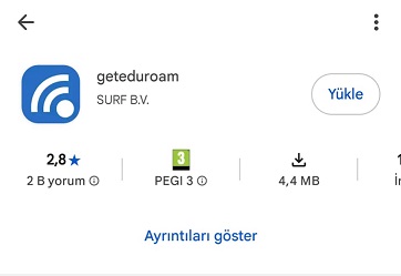 Google Play geteduroam uygulaması yükleme ekranı