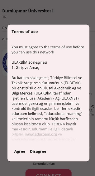 Geteduroam ULAKBİM sözleşmesi onay ekranı