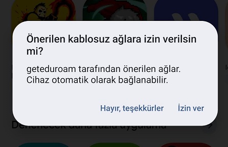 Android önerilen kablosuz ağlara izin verme ekranı
