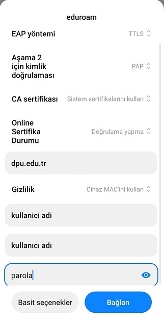 Android manuel eduroam bağlantı ayarları ekranı