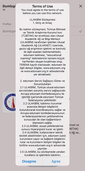 Geteduroam ULAKBİM sözleşmesi onay ekranı