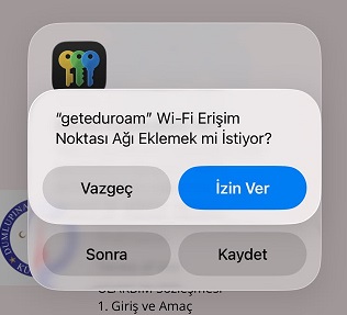 iPhone eduroam ağına erişim izni ekranı