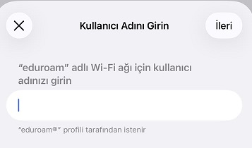 iPhone eduroam kullanıcı adı ekranı