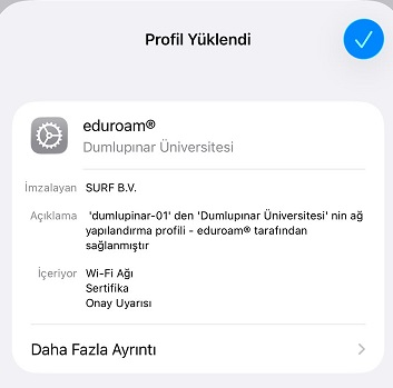 iPhone eduroam profil kurulumu tamamlandı ekranı
