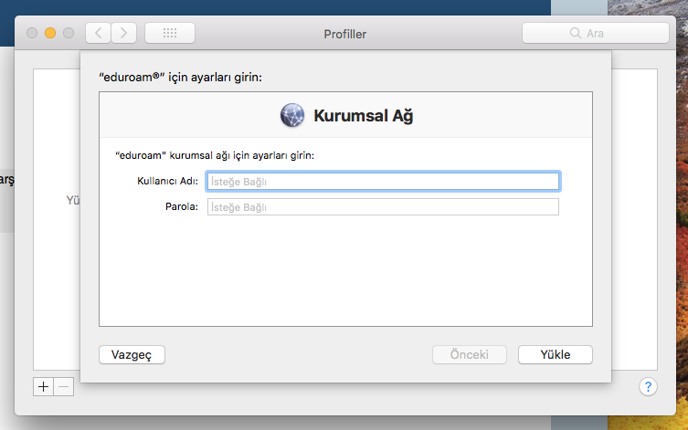MacOS eduroam profil kurulumunu sürdürme ekranı