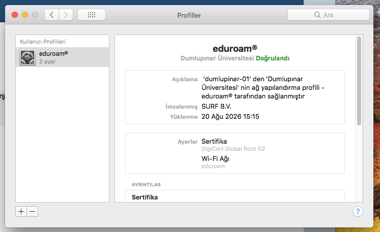 MacOS eduroam profil kurulumu tamamlandı ekranı