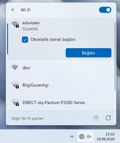 Windows eduroam ağını seçme ve bağlanma ekranı