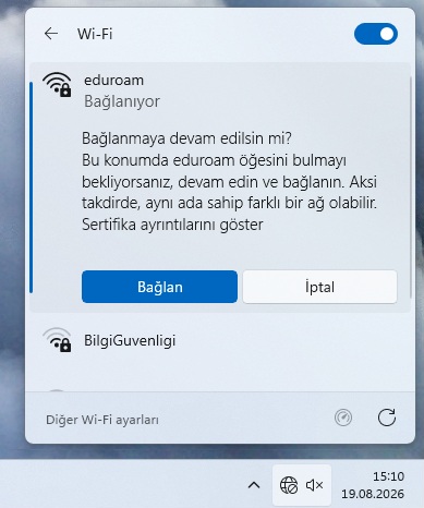 Windows eduroam bağlantı onayı ekranı