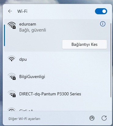 Windows eduroam başarılı bağlantı ekranı