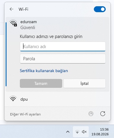Windows eduroam kullanıcı adı ve parola ekranı